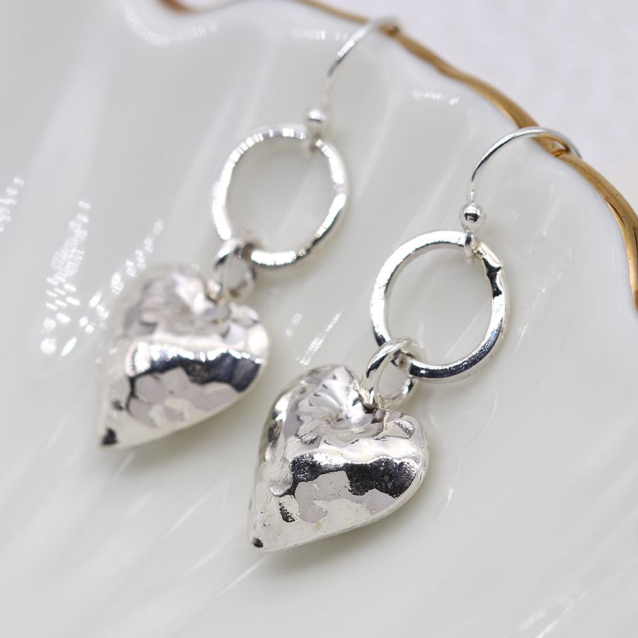 POM Sterling Silver Hammered Heart Drop Earrings