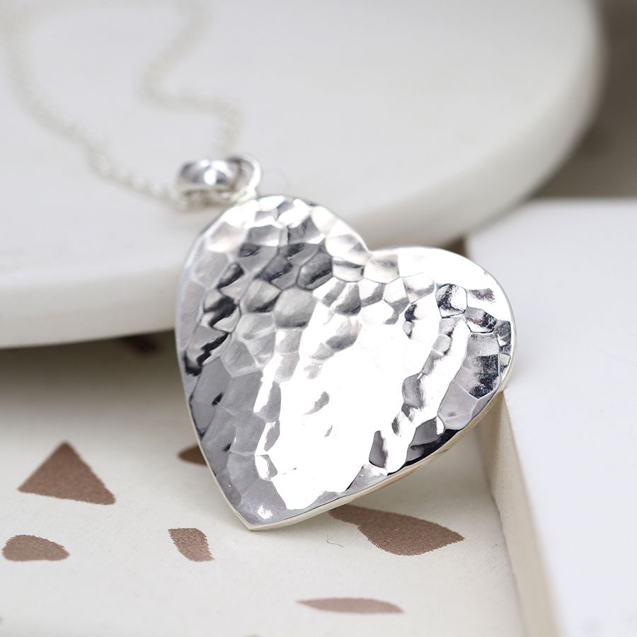 POM Sterling Silver Large Hammered Heart Necklace
