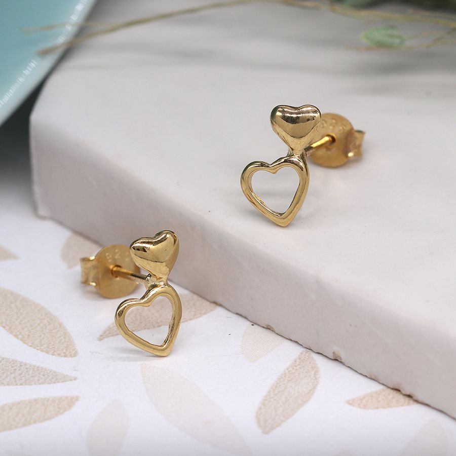 POM Sterling Silver Gold Plated Double Heart Stud Earrings