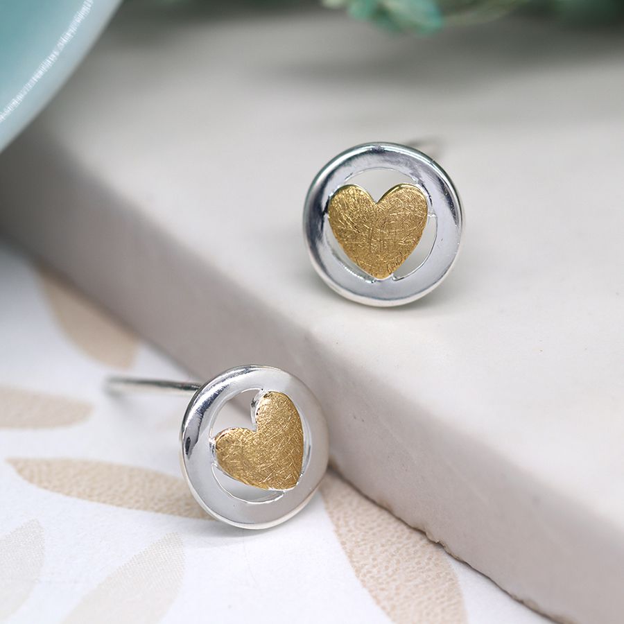 POM Sterling Silver Circle and Gold Heart Earrings