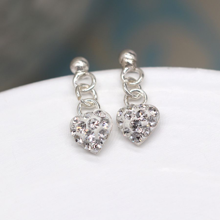 POM Sterling Silver Crystal Heart Drop Earrings