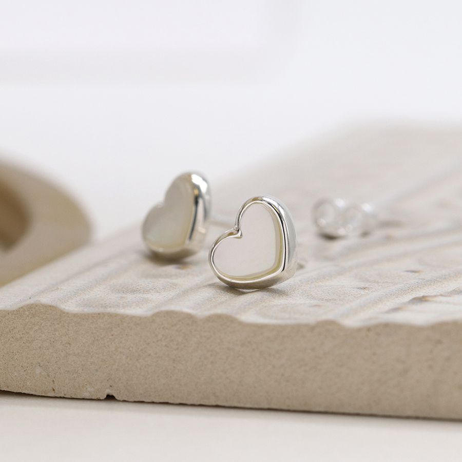 POM Sterling Silver White Mop Heart Studs