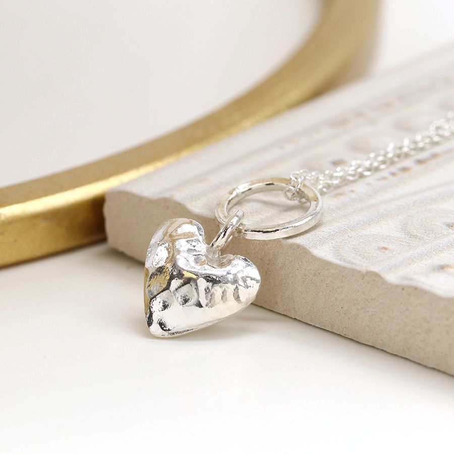 POM Sterling Silver Hammered Heart On Ring Necklace