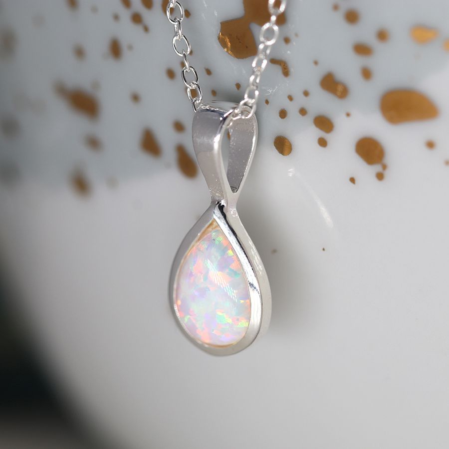 POM Sterling Silver White Opal Teardrop Necklace