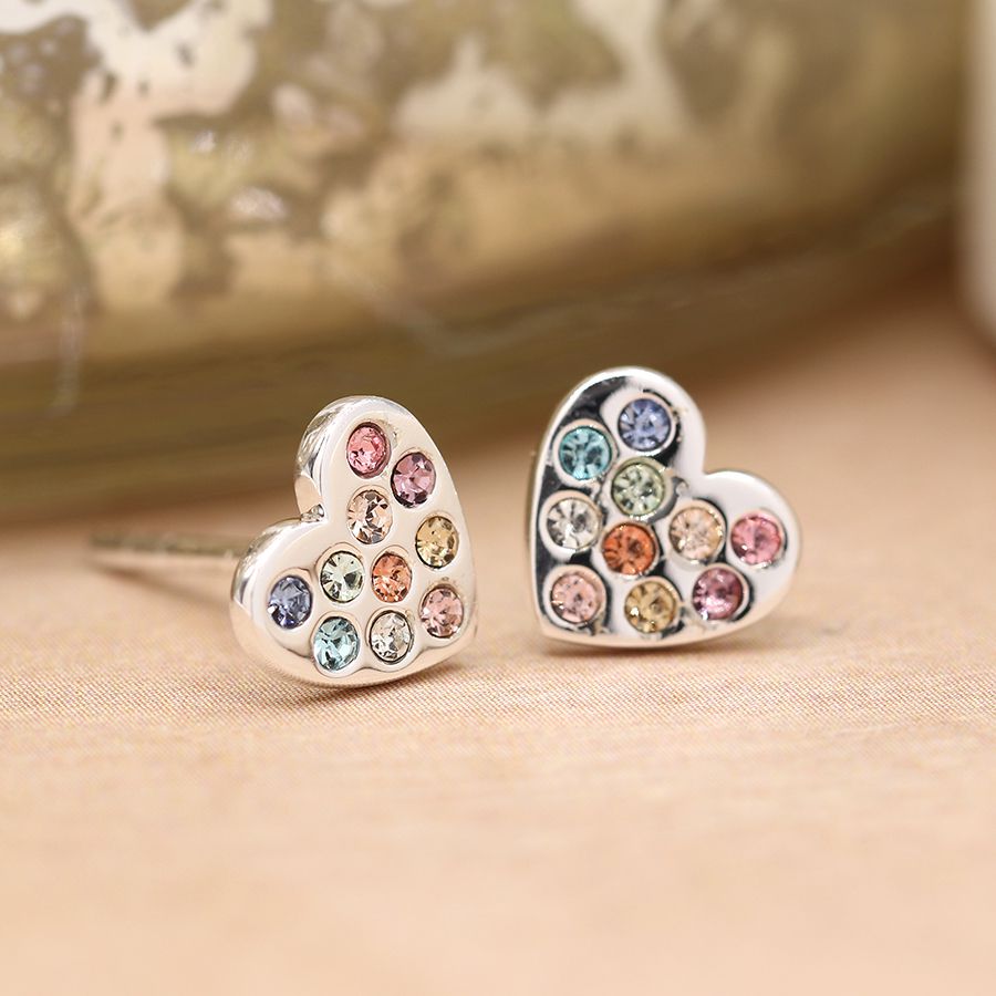 POM Sterling Silver Pastel Rhinestone Heart Earrings