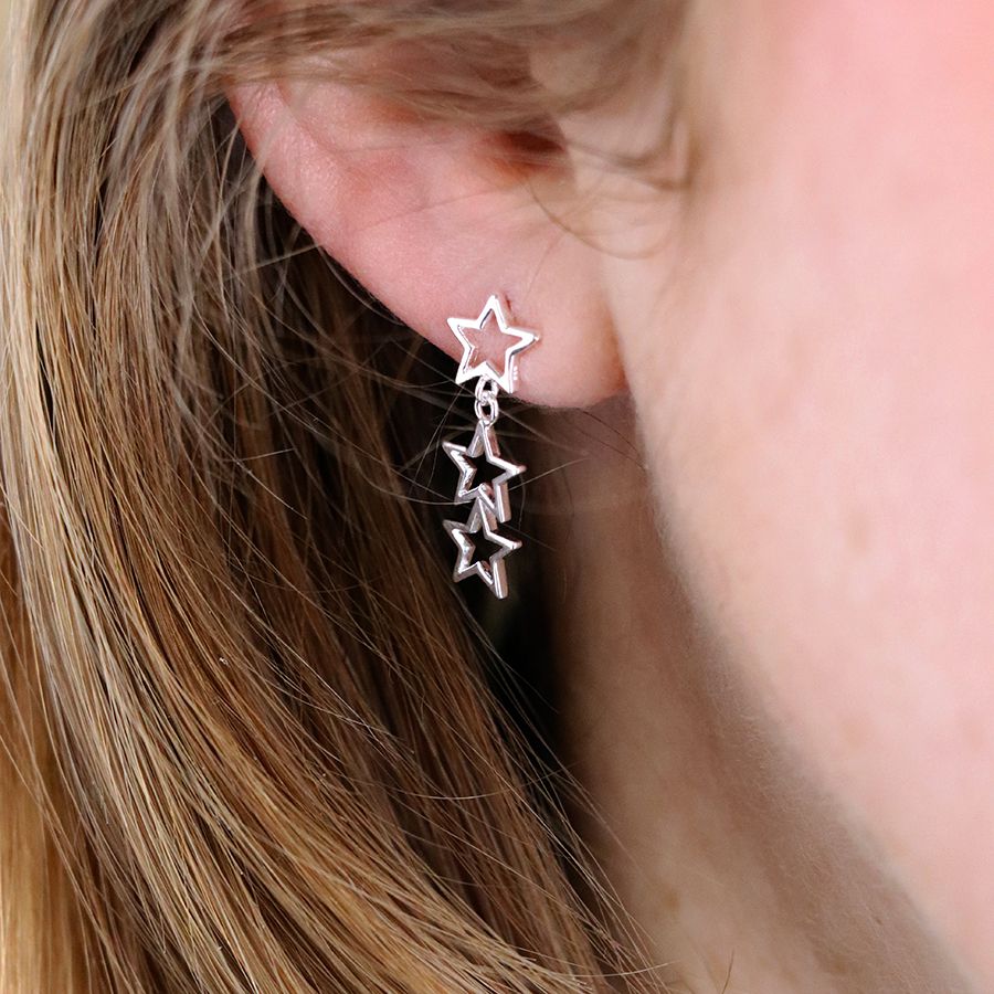 POM Sterling Silver Triple Hanging Star Earrings