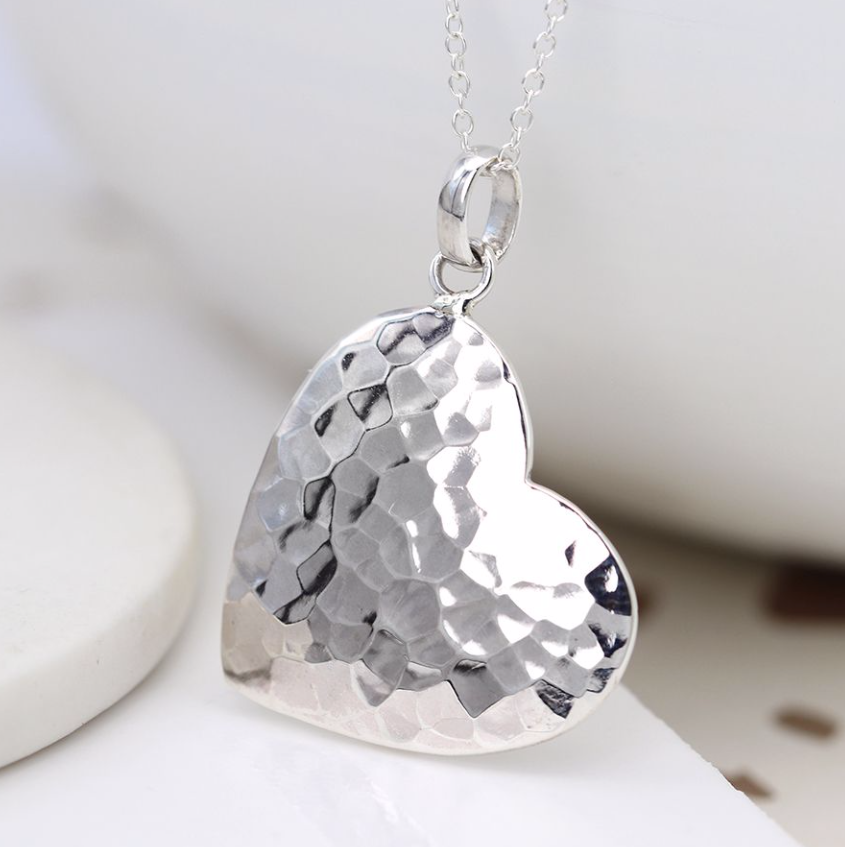 POM Sterling Silver Large Hammered Heart Necklace