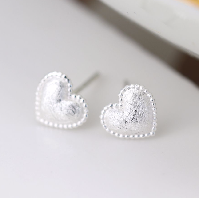 POM Sterling Silver Brushed Effect Heart Earrings