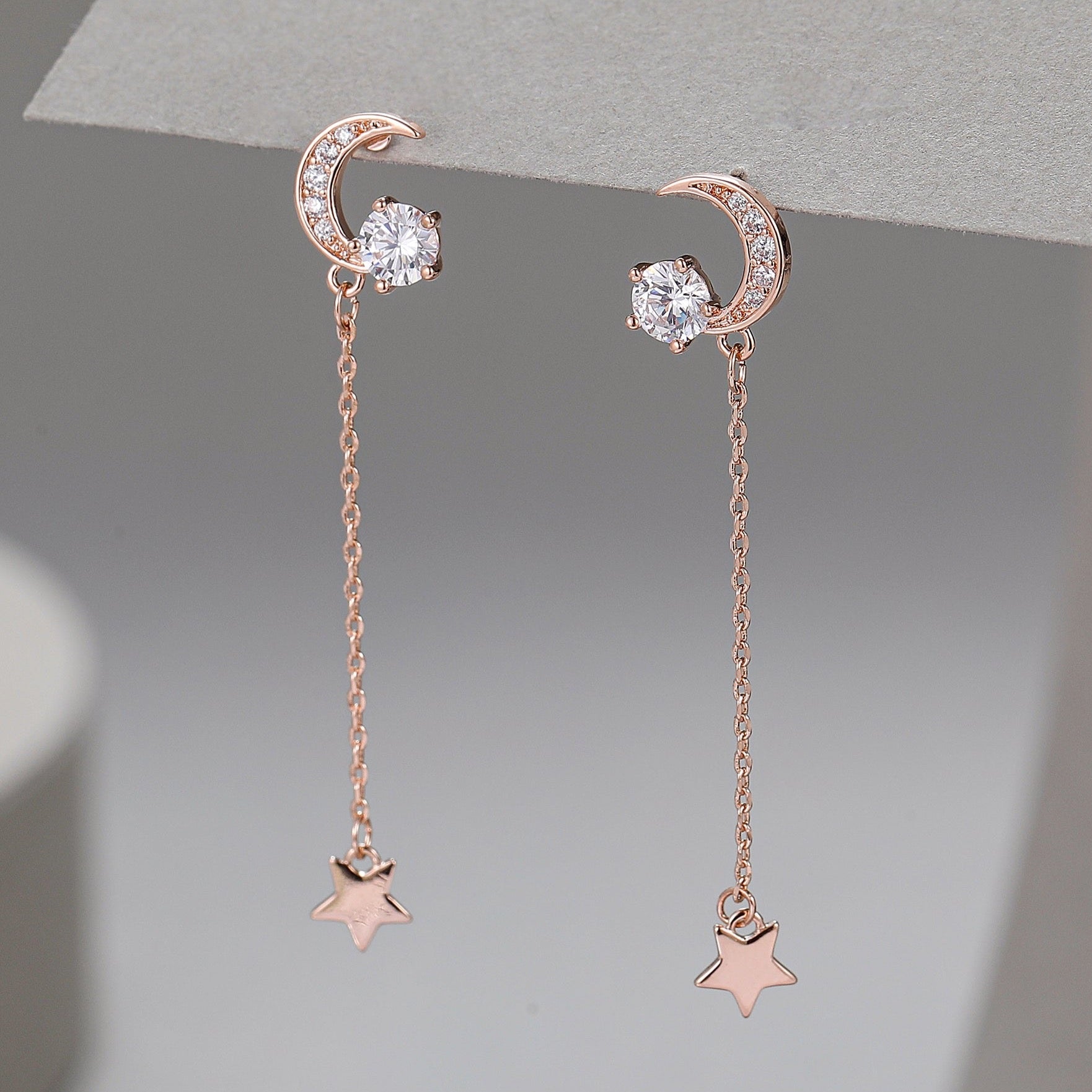 Rose Gold Moon and Star Drop Crystal Earrings