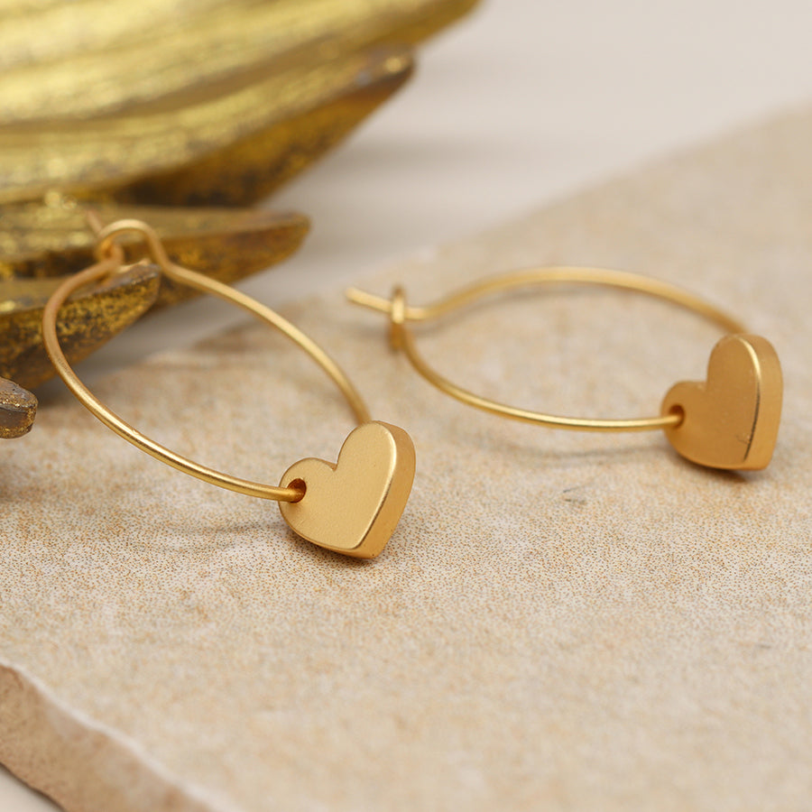 POM Matt Gold Finish Chunky Smooth Hearts On Hoops