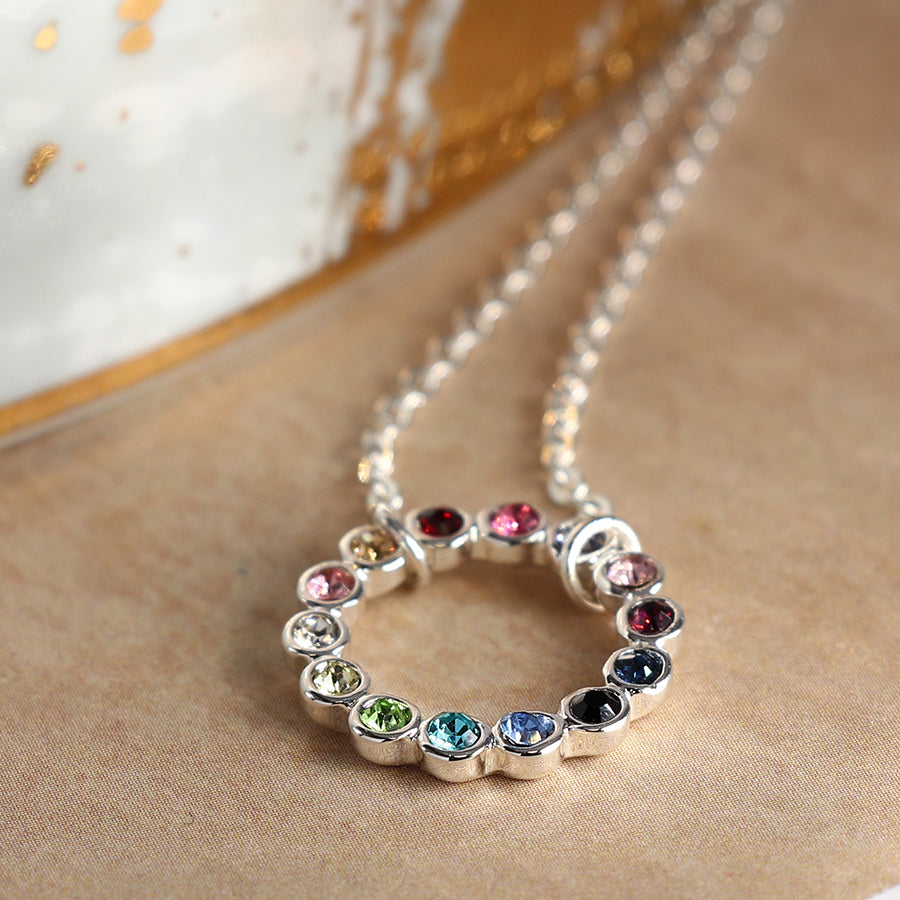 POM Silver Chain Necklace With Multicoloured Crystal Inset Circle