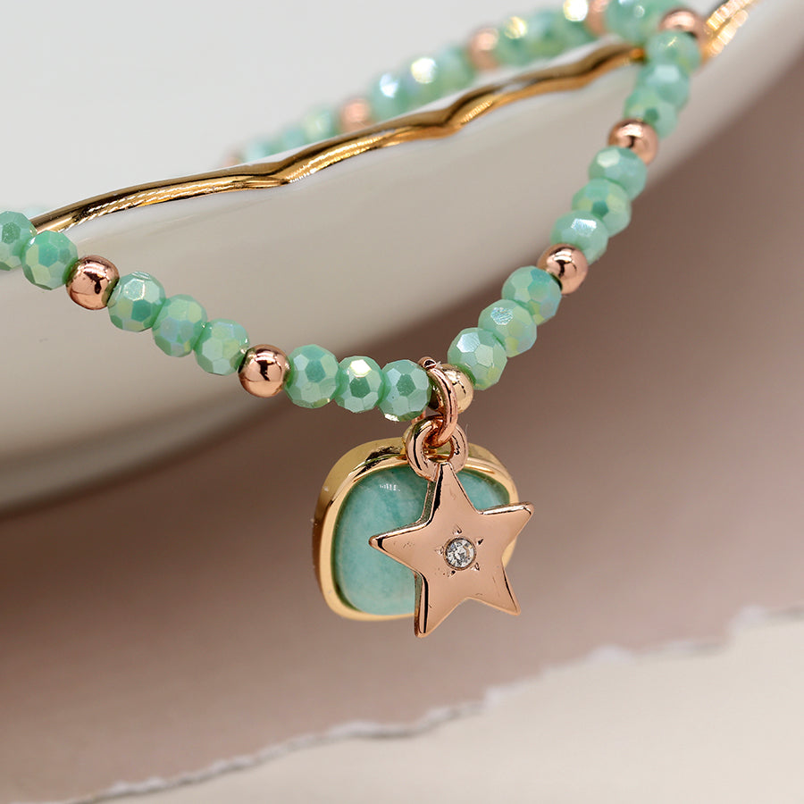 POM Sea Green Bead Bracelet With Faux Amazonite and Star Charms