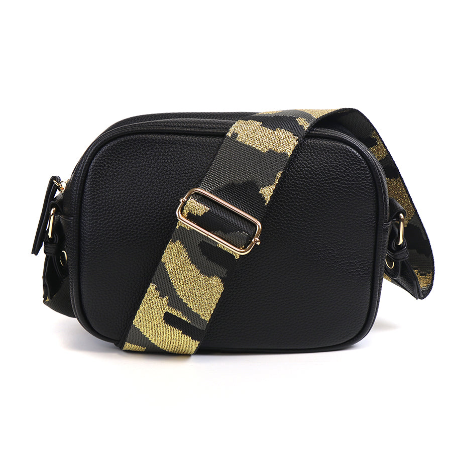 POM Black Vegan Leather Camera Bag With Soft Gold/Grey Camo Removable Strap