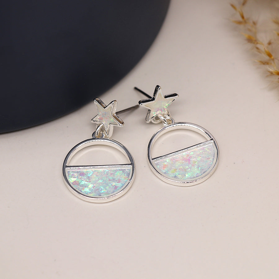 POM Silver Plated White Opal Circle Stud Drop Earrings With Star