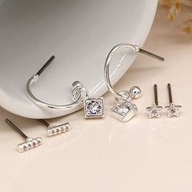 POM Silver Plated 3 Pack Crystal Stud And Crystal Post Earrings