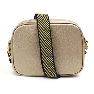 POM Gold Vegan Leather Camera Bag With Black and Gold Chevron Removable Strap