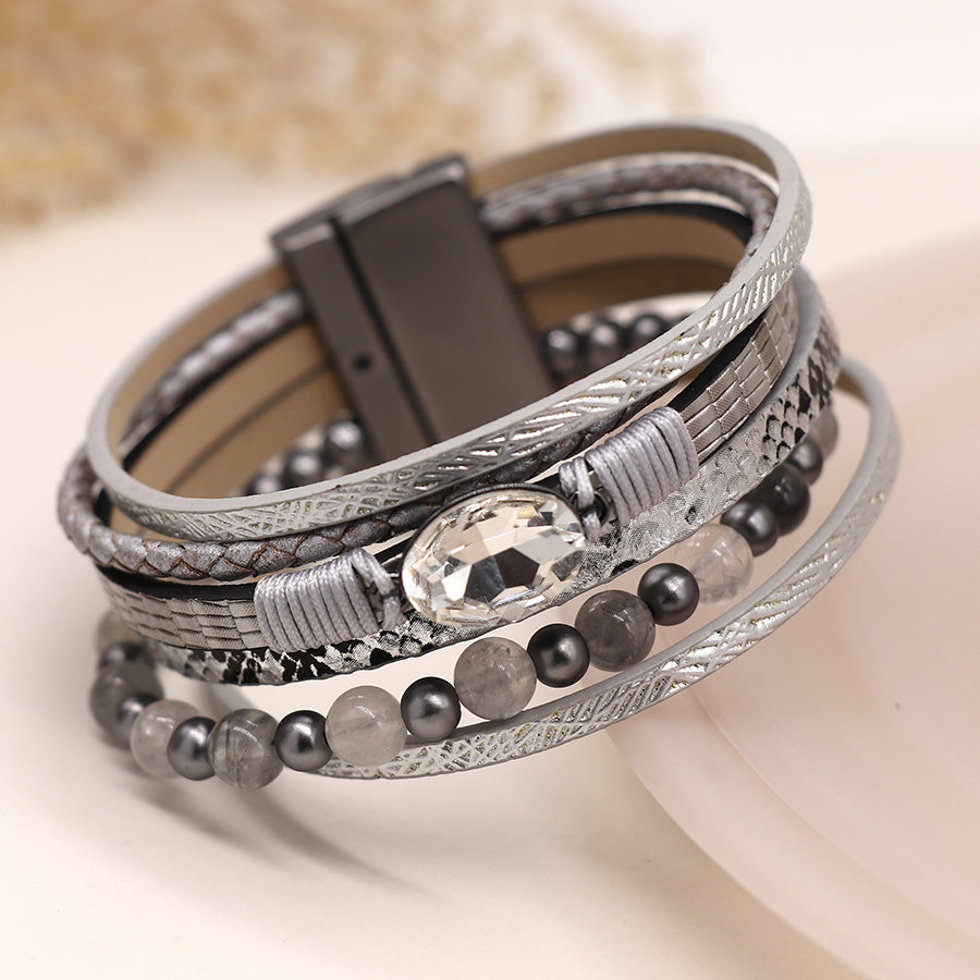 POM Multi Strand Grey Leather Bracelet With Beads And Crystal