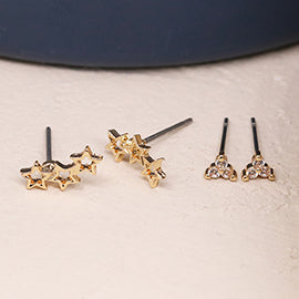 POM Faux Gold 2 Pack Studs Triangle With Cubic Zirconia And Triple Star