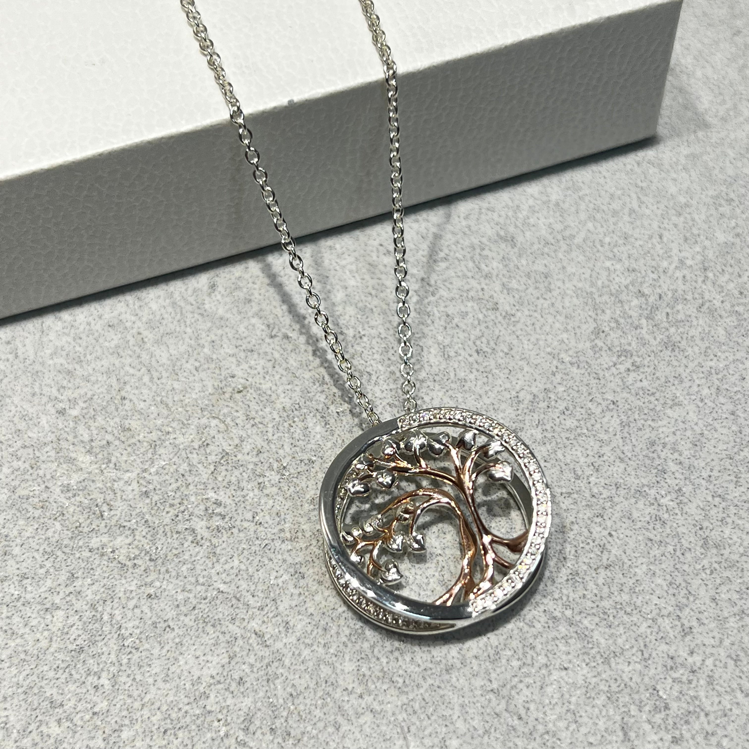 Unique and Co Sterling Silver and Rose Gold Tree of Life Necklace