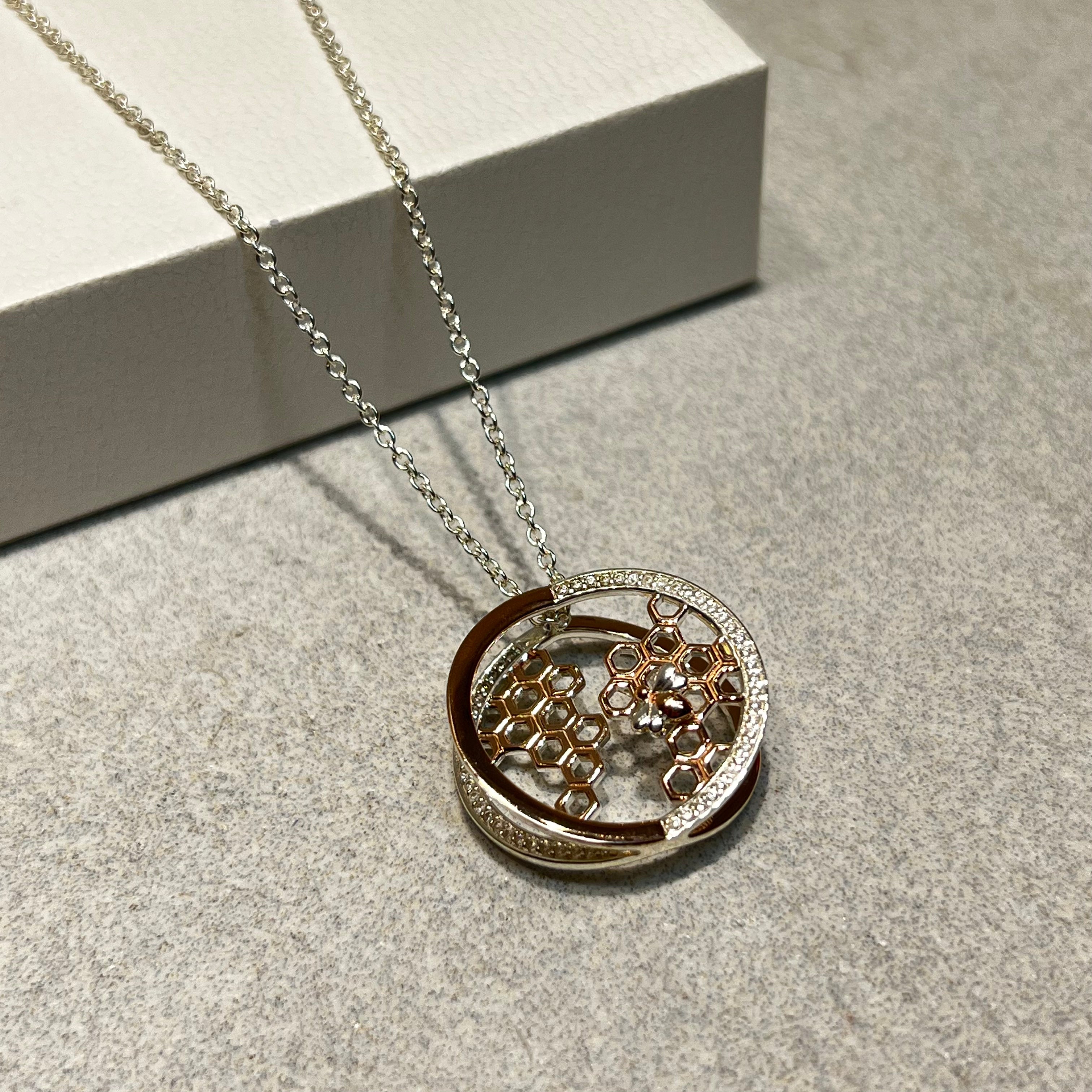 Unique & Co Sterling Silver & Rose Gold Bee & Honeycomb Pendant